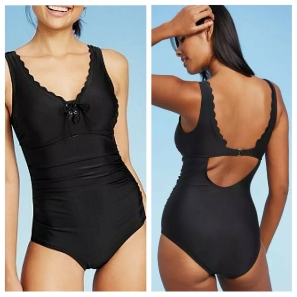 Kona Sol Other - Kona Sol sz L NWOT Black Grommet Scallop Full Coverage One Piece Swimsuit